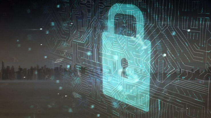 Animation of security padlock over cityscape