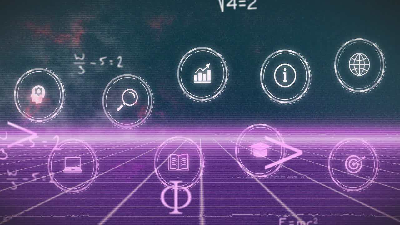 animación de iconos comerciales y ecuaciones matemáticas sobre líneas de neón sobre fondo negro