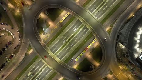 aerial view of a busy highway interchange at night