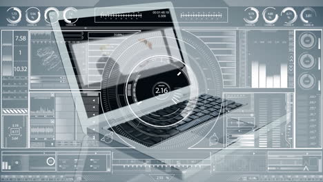 Animation of financial data processing over business people on computer screen