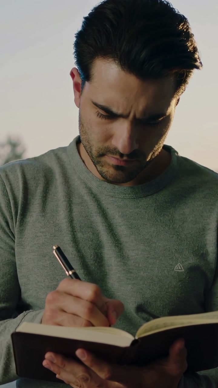 Vertical video: Looking down, adult male writing notes on patio, with notebook and pen, in sweater