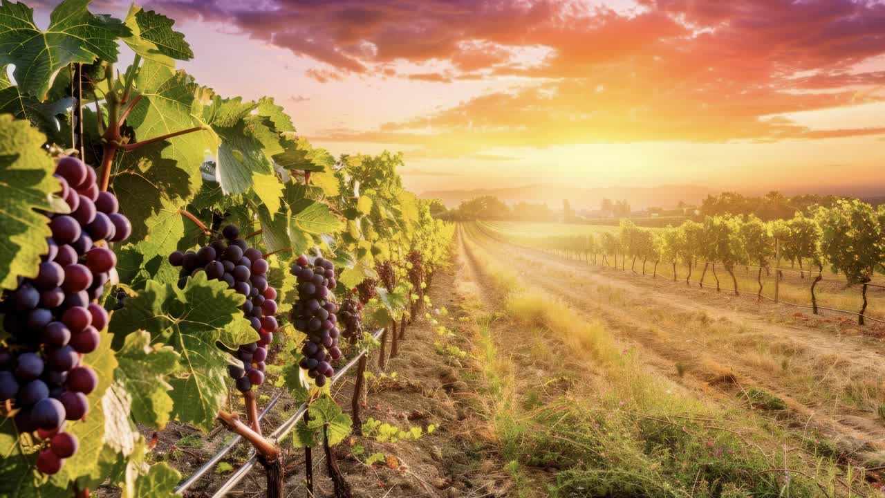 Una ripresa video dal basso di un vigneto al tramonto, che mostra uva matura e foglie rigogliose.