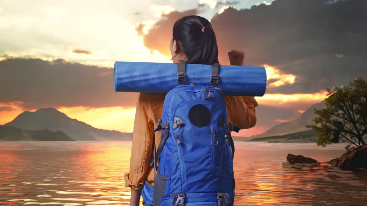 Back View Of A Female Hiker With Mountaineering Backpack Screaming Goal Celebrating The Success While Standing At A Lake During Sunset Time
