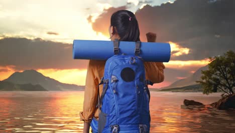 back view of a female hiker with mountaineering backpack screaming goal celebrating the success while standing at a lake during sunset time