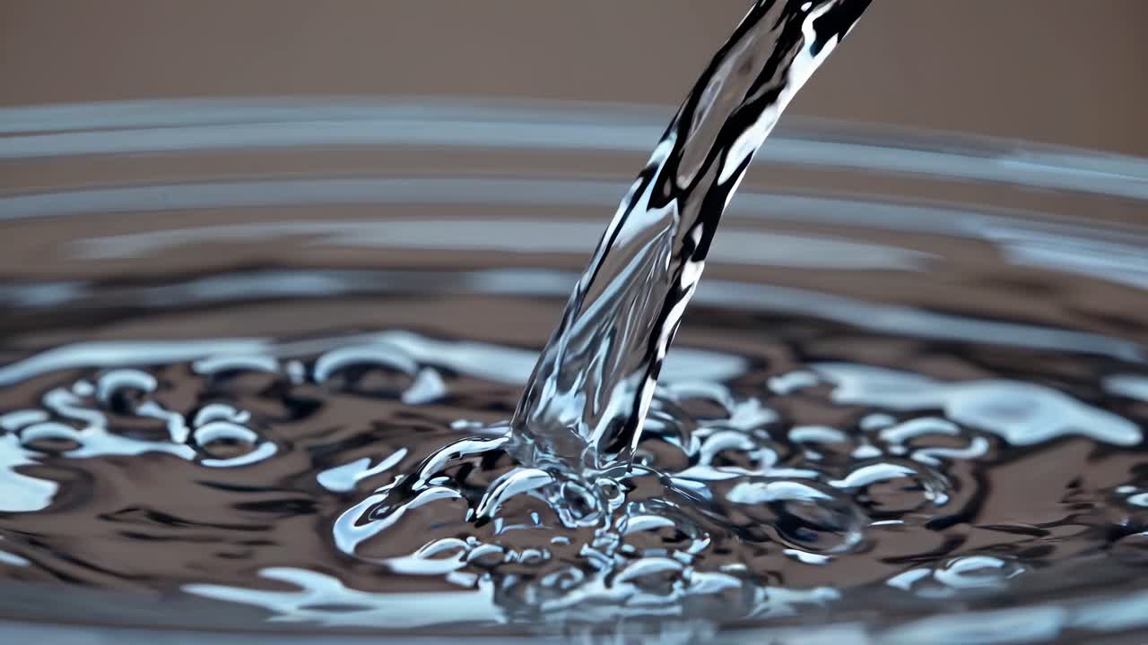 Video ravvicinato di acqua che si versa in una ciotola, catturando increspature e riflessi