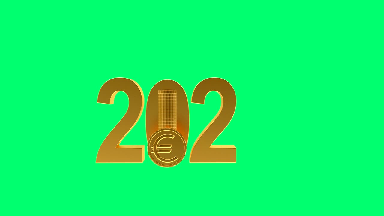 3D-Animation von 2021 mit rotierendem Euro und fallenden Münzen auf Greenscreen. 4K