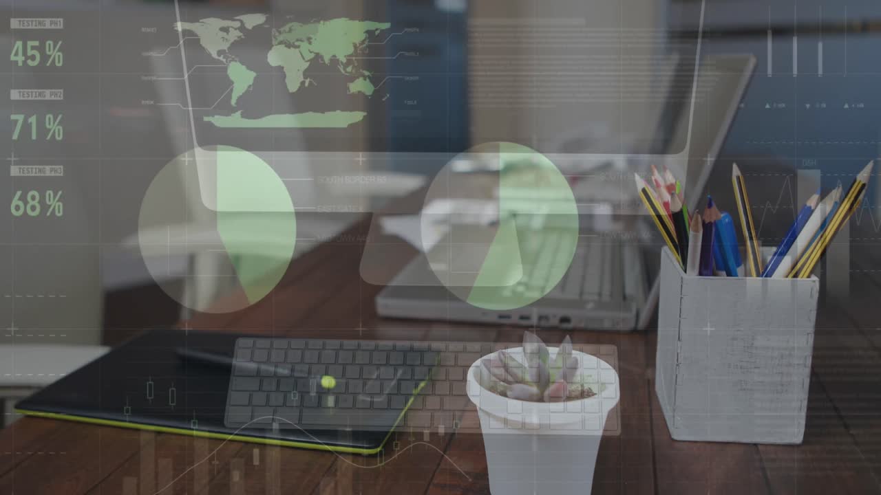 анимация обработки статистических данных против оборудования на офисном столе