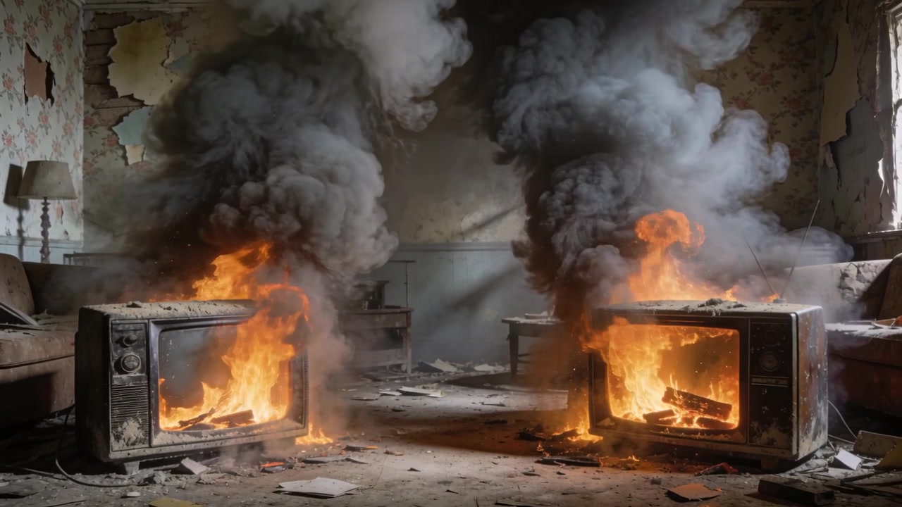 Sparking two vintage CRT televisions, producing thick smoke in neglected living room, debris