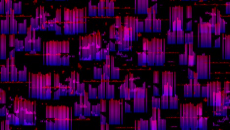 een stapel van vele equalizer fragmenten. roze en paarse levendige strepen op een zwarte achtergrond. geluid equalizer patroon gemaakt van veel blokken gevormd in doek