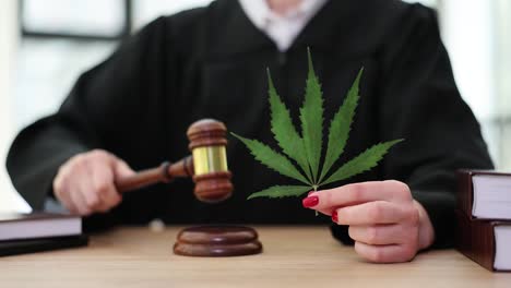judge holding a gavel and a cannabis leaf, symbolizing law and cannabis legalization