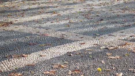 autumn leaves on a decorative cobblestone path