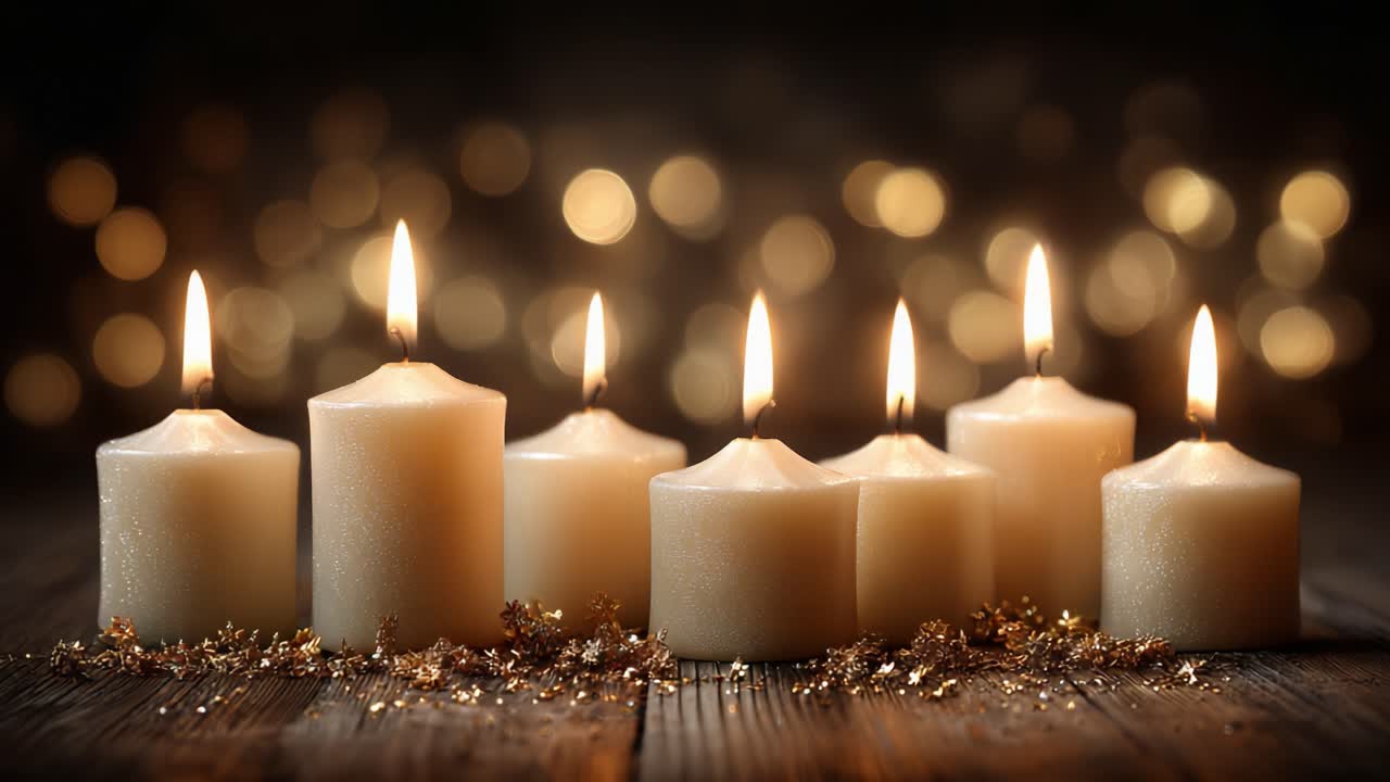 A Serene Display of Flickering Candles Illuminating Softly with Golden Bokeh Lights in the Background, Creating a Warm and Inviting Atmosphere for Relaxation