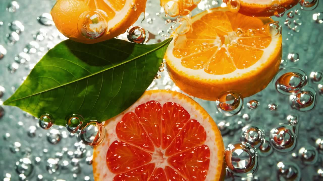 Video of citrus slices and a leaf submerged in sparkling water, creating a refreshing and vibrant