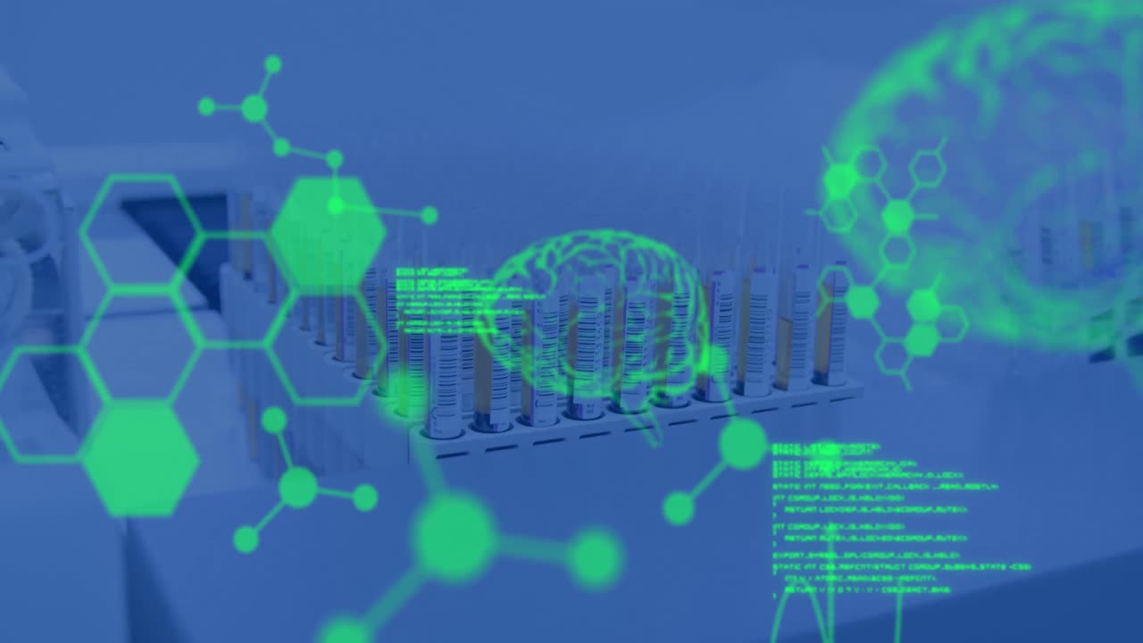 실험실에서 시험 튜브 위에서 데이터 처리 및 화학 공식의 애니메이션