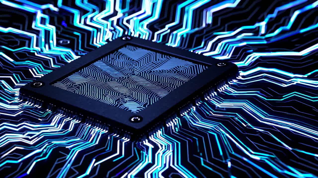 Close-up, top-down view of a microchip with glowing circuit lines, resembling a futuristic tech
