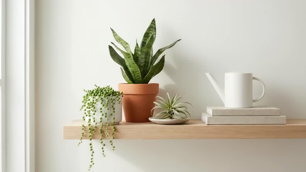 Piante in vaso e decorazioni per la casa su una mensola in legno moderna