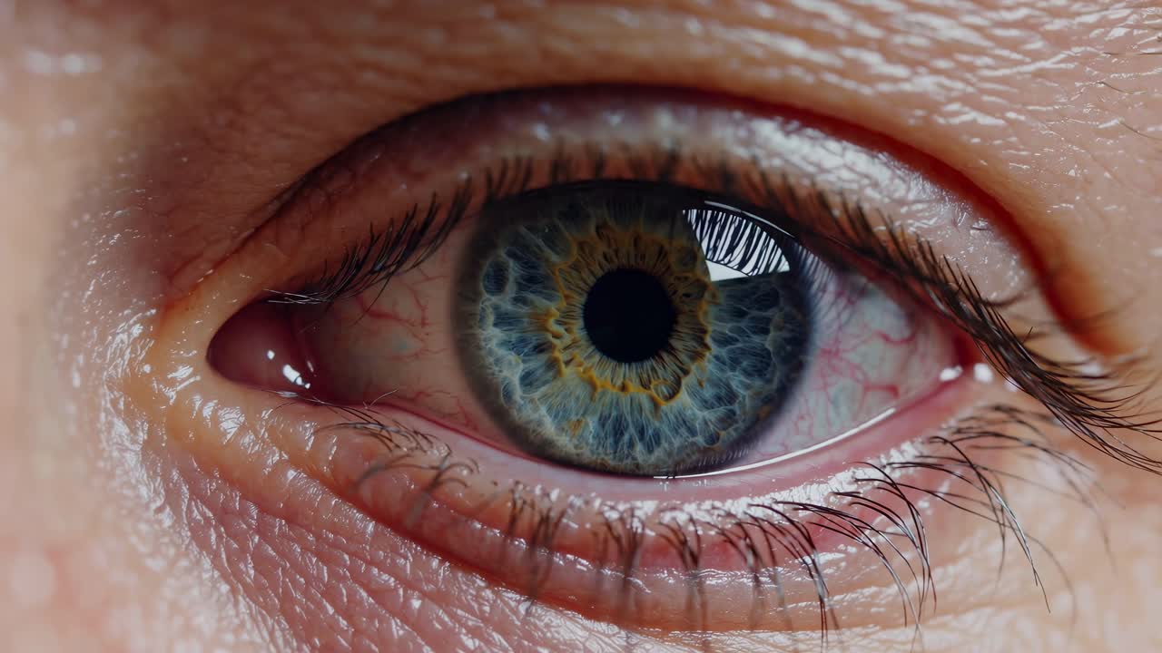 Bir insan gözünün yakından video çekimi, karmaşık iris detaylarını yakalıyor