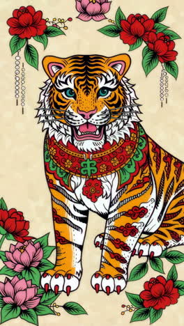 vibrant stylized tiger with floral embellishments