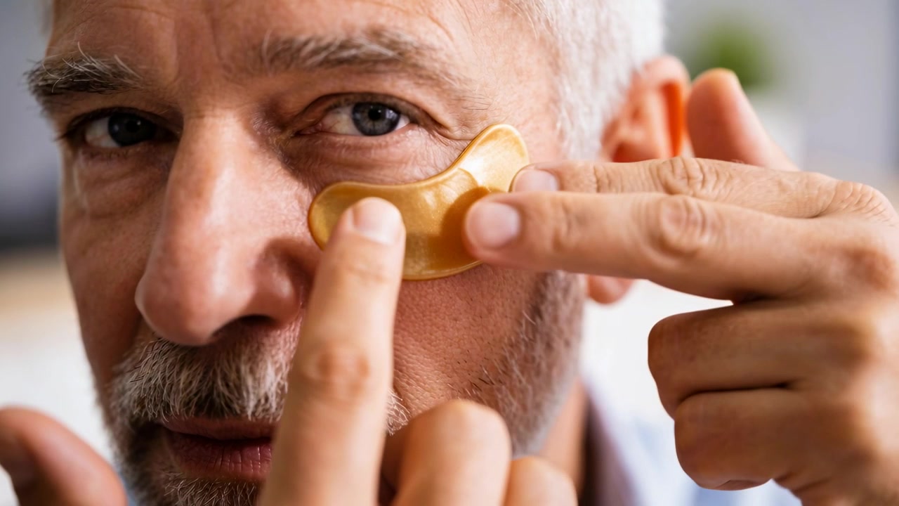 Un'anziana applica una patch dorata sotto l'occhio destro a casa, premendo con l'indice per la cura della pelle.