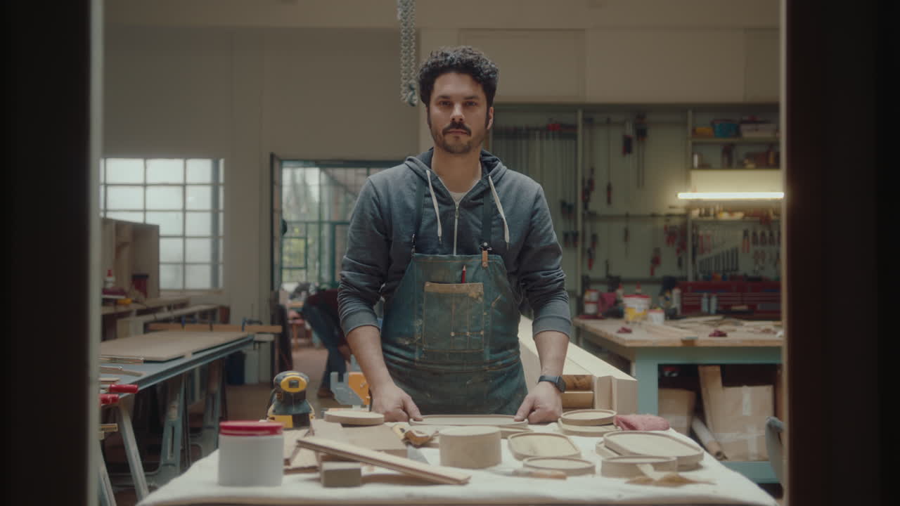 Portrait of Woodworker in Stained Apron at Workplace in Woodshop