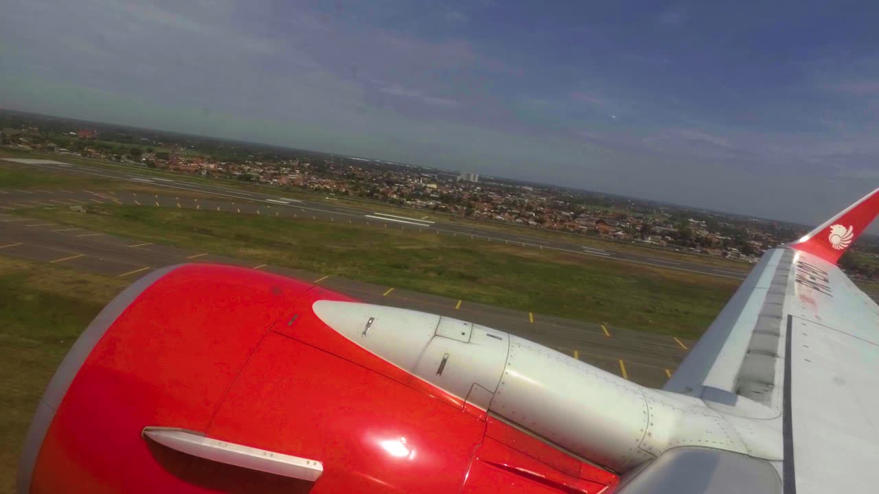 aircraft take off from the runway, point of view from inside the cabin