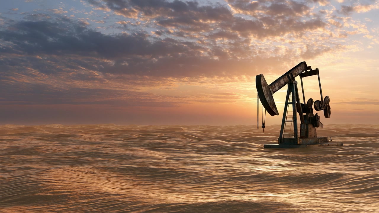 An oil pumpjack stands alone on the ocean's surface as the sun sets, highlighting the contrast between industrial machinery and natural beauty in this captivating landscape.