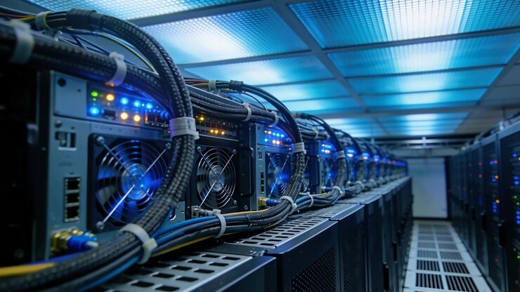 Starting camera passing along data center racks revealing cable looms and spinning fans for audit
