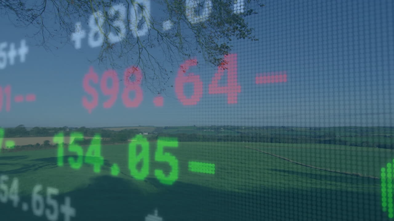 Financial ticker numbers scrolling across rural landscape, merging pixel grid with green fields