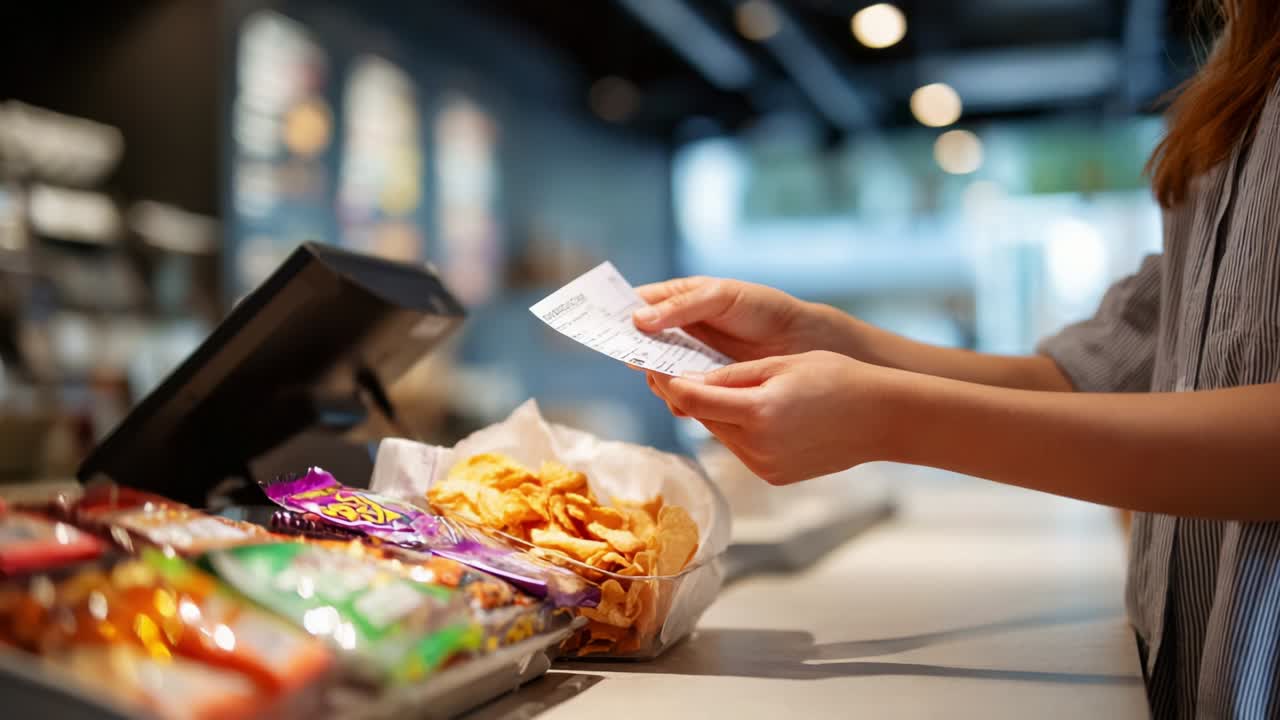 A Customer at a Snacks Counter Analyzing a Receipt While Surrounded by Various Packaged Treats and Crisps in a Vibrant Convenience Store Setting
