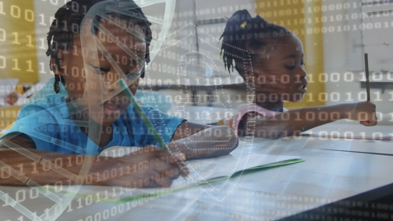 animación del candado en el escudo, hélice de adn, código binario, estudiantes afroamericanos escribiendo en libros