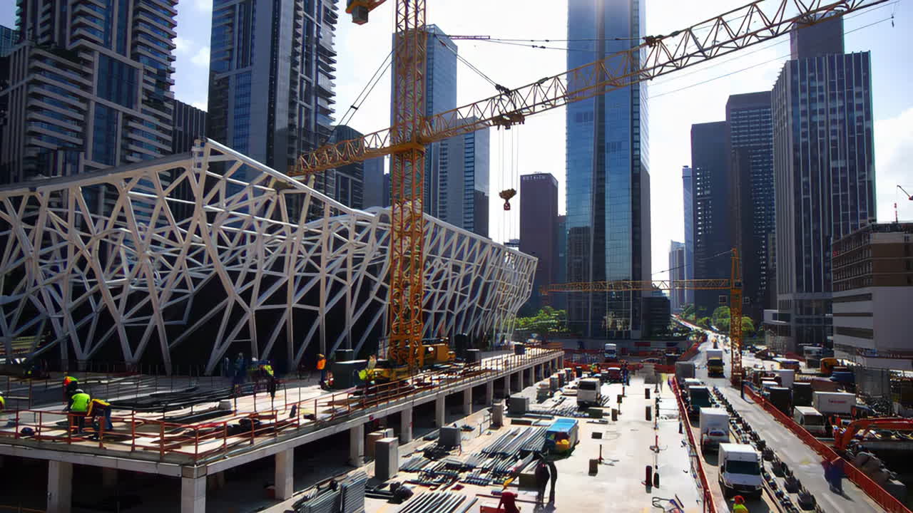 Construction of a Modern Architectural Building in a City