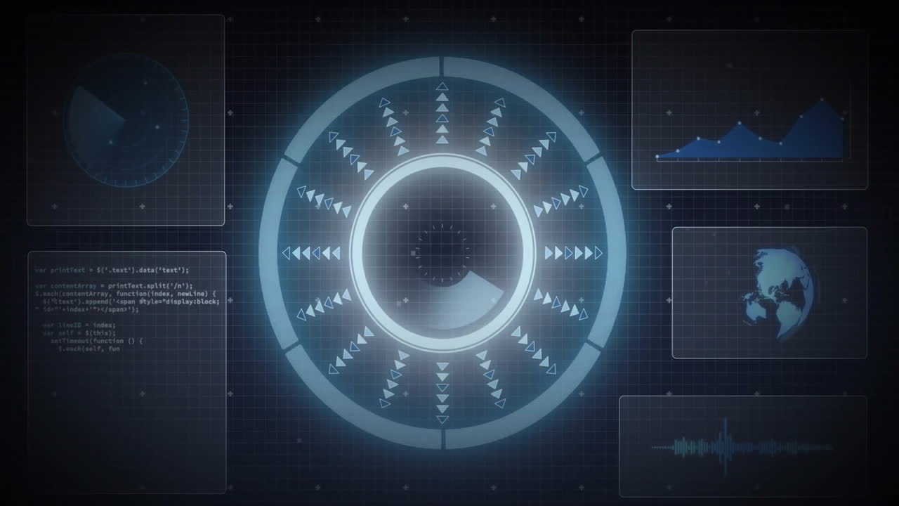 미래의 데이터 프로세싱 애니메이션, 디지털 인터페이스, 차트 및 지구