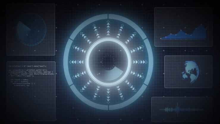 Futuristic data processing animation over digital interface with charts and globe