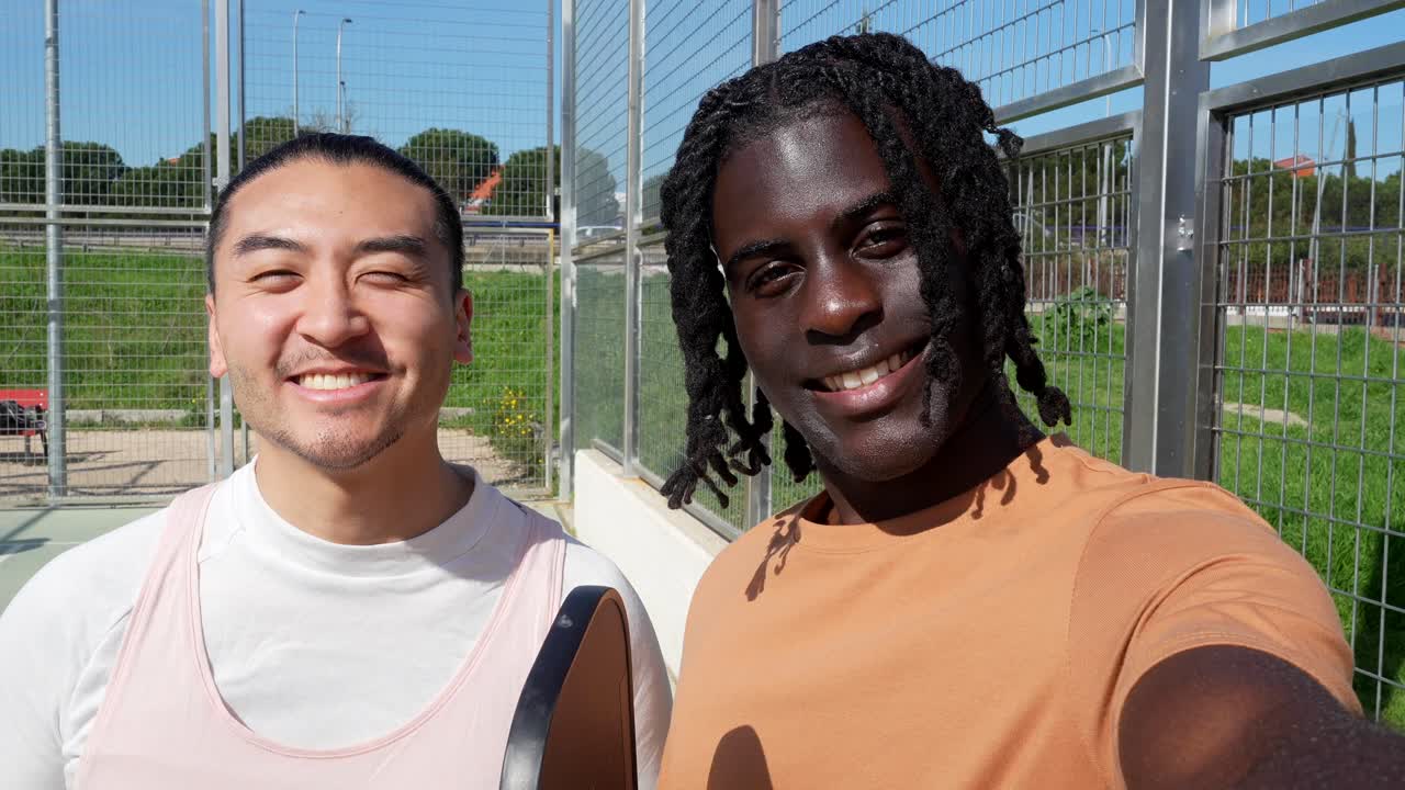 Dois Homens Multiétnicos Felizes Sorrindo na Quadra de Padel