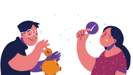 pareja joven con caracteres de ahorro