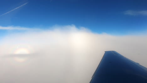 pov from a commercial plane of a pilot's glory, a beautiful circular rainbow phenomenon with the plane's shadow in the middle