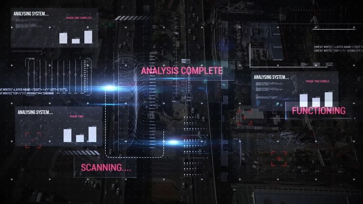 Animation of analysing text and data processing over cityscape