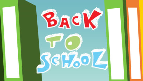 animation of back to school text and book digital icons on blue background