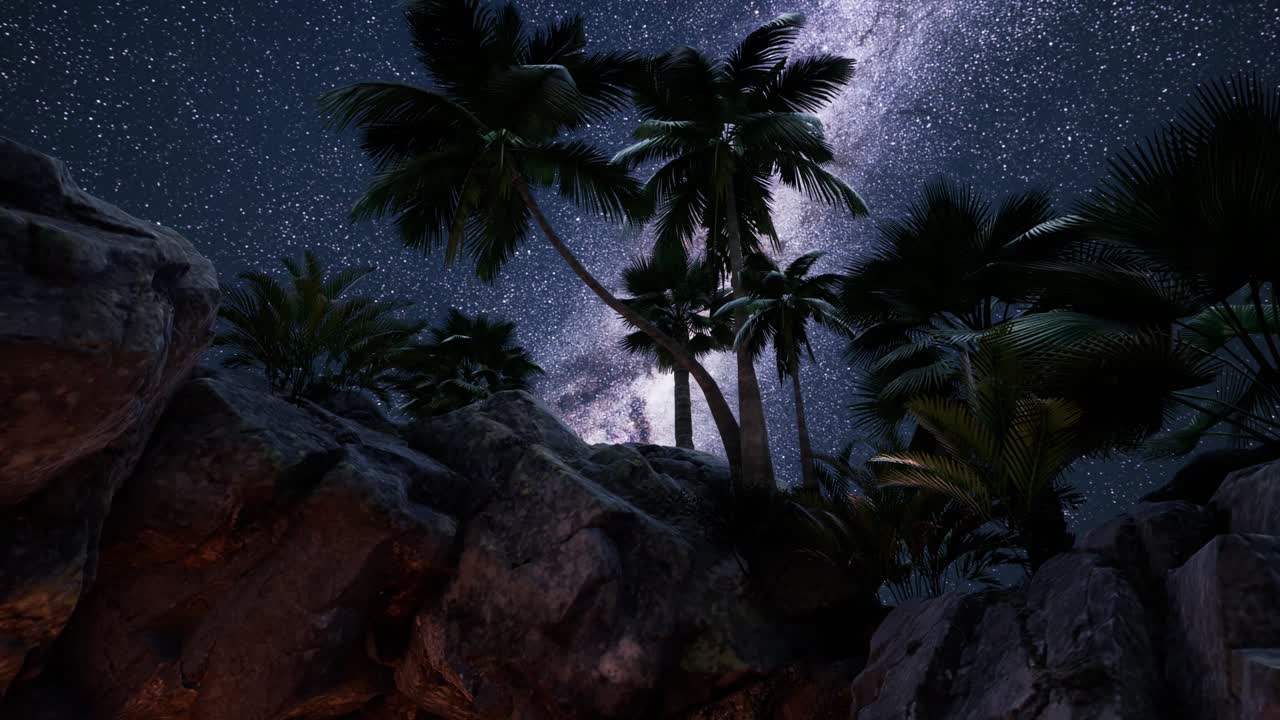 rutas estelares de hiperlapso de 4k sobre paredes y palmeras de cañones de piedra arenisca