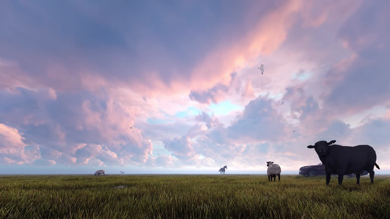 Tranquil Sunset Meadow with Animals and Vehicle