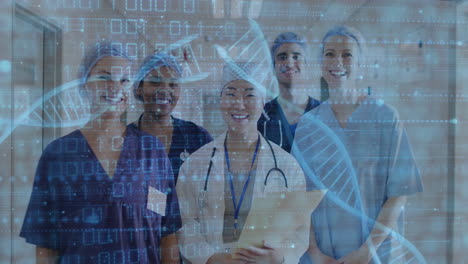 animation of data processing and dna strands over diverse doctors working in hospital