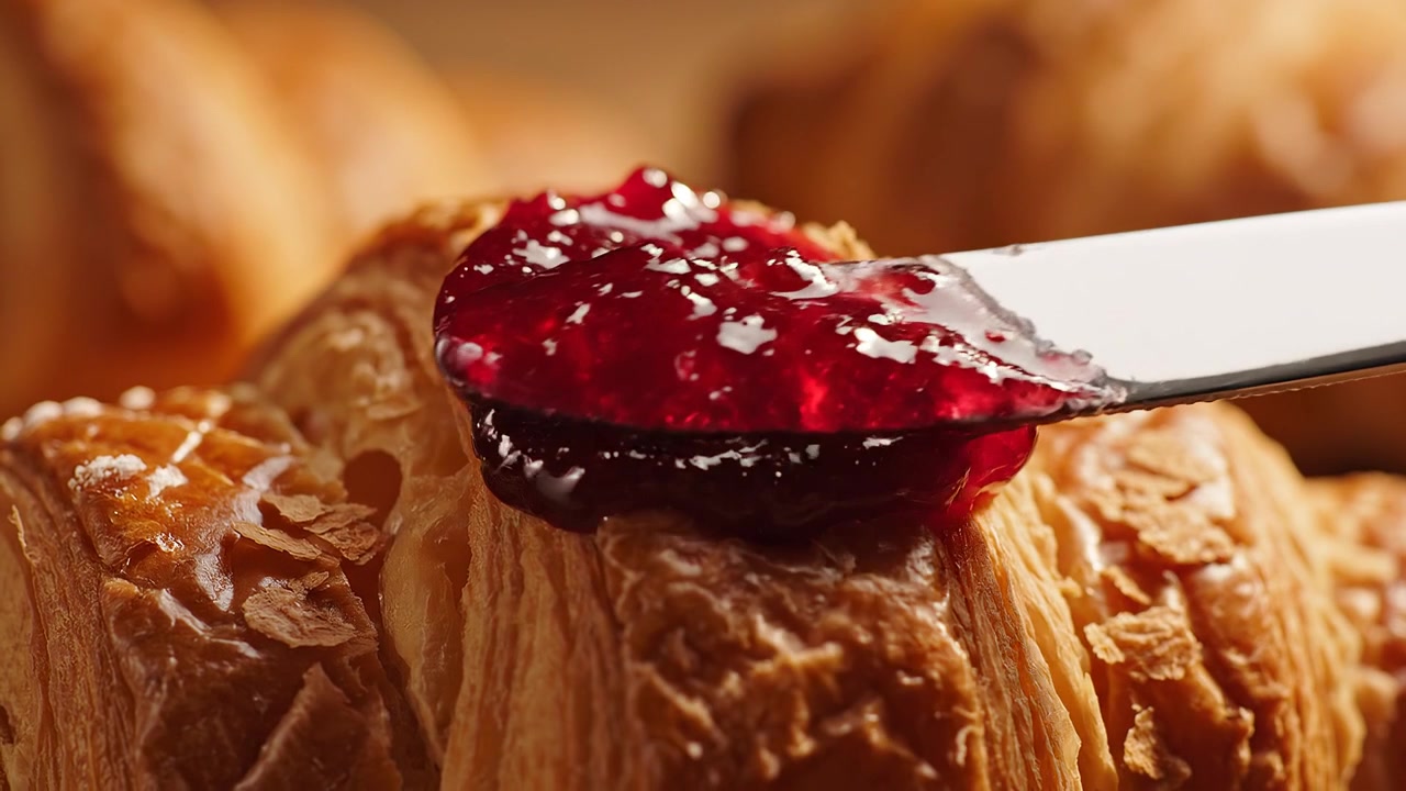 Spreading Red Jam on a Fresh Croissant