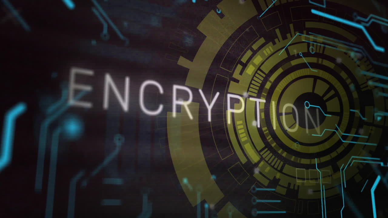 Animation of digital encryption text over futuristic circular technology interface design