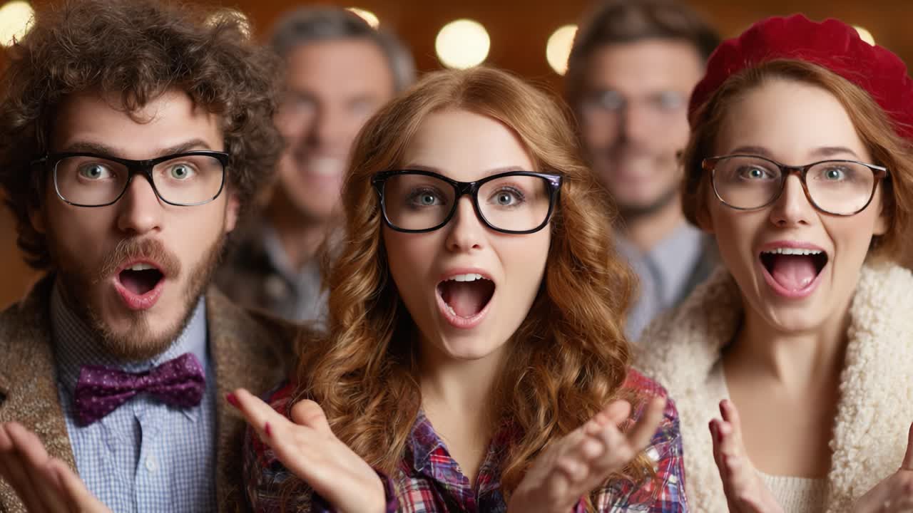 A Group of Joyful Friends Expressing Excitement and Surprise in a Fun Gathering, Capturing the Spirit of Celebration and Shared Happiness in a Vibrant Atmosphere
