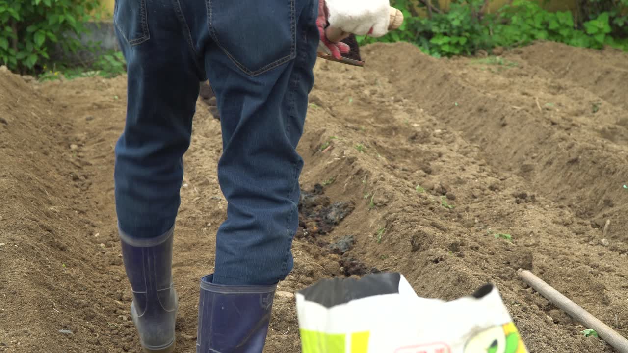 agricultor sacando fertilizante de una bolsa con una pala