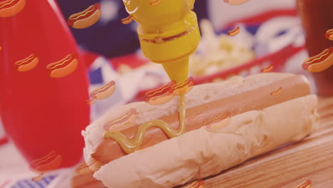 animation of hot dog icons over hot dogs being prepared