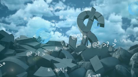múltiples burbujas flotando y cambiando símbolos sobre símbolo de dólar roto contra el cielo azul