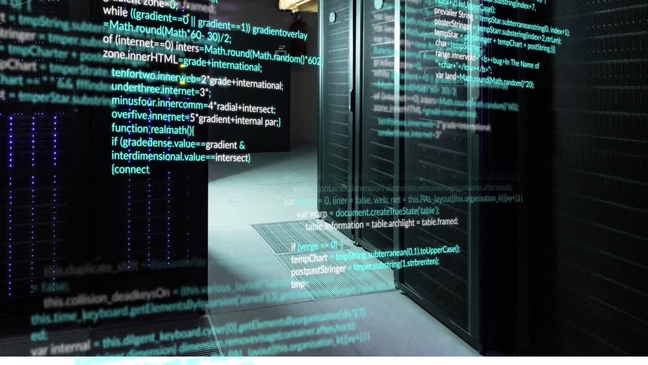 animação do processamento de dados contra uma sala de servidor de computador vazia