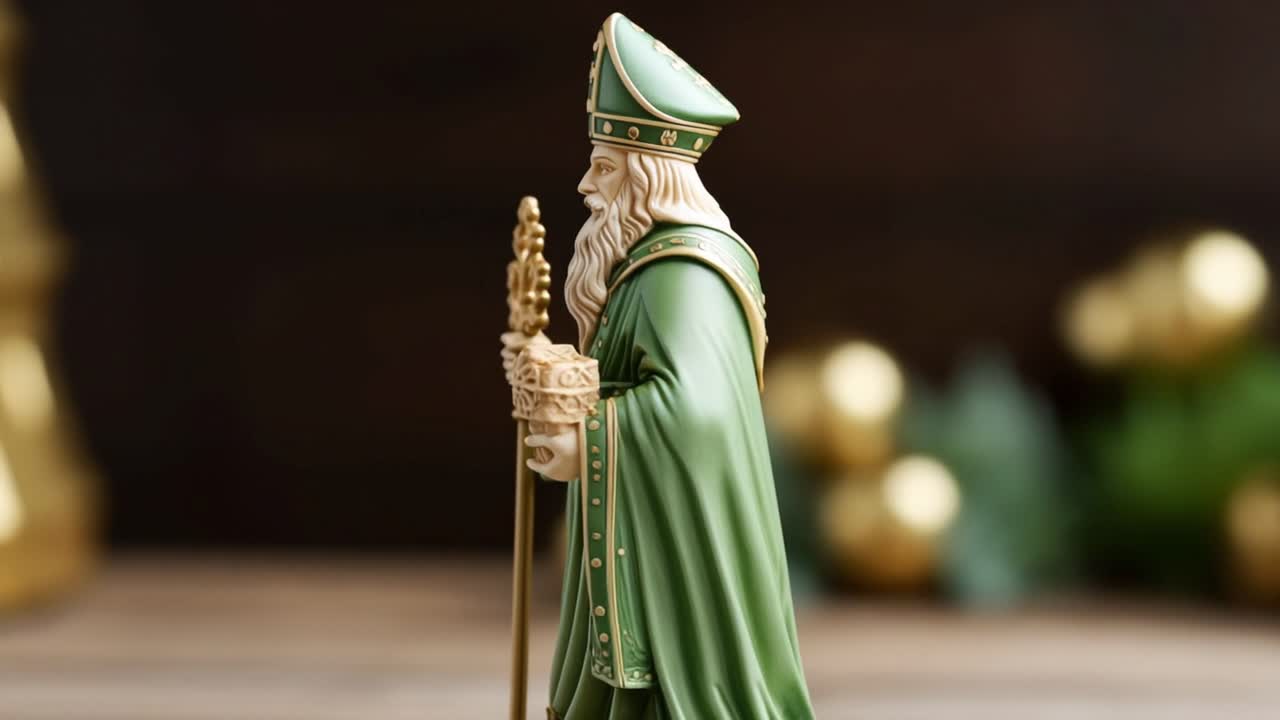 Saint Patrick statue with green clothes and mitre holding a golden crosier and a book celebrating a religious irish holiday with blurred golden and green decorations in the background