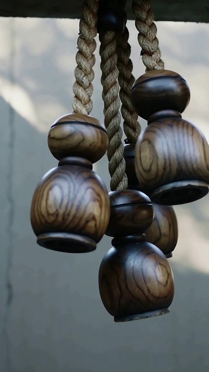 Video verticale: Cinque campanelle di legno appese a corde che ondeggiano e ruotano sotto la grondaia del portico, mosse dalla brezza.